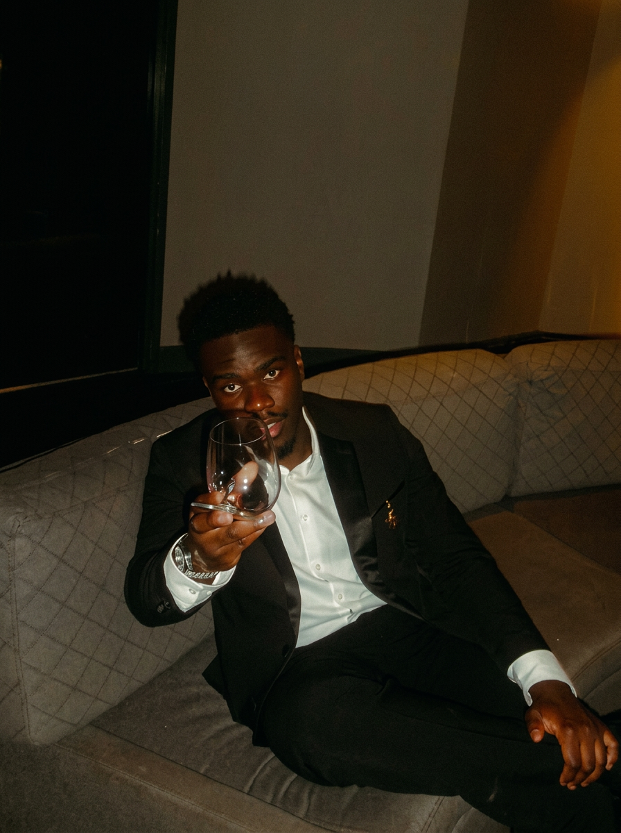 Darnell Jackson in a tuxedo in a dark lounge
