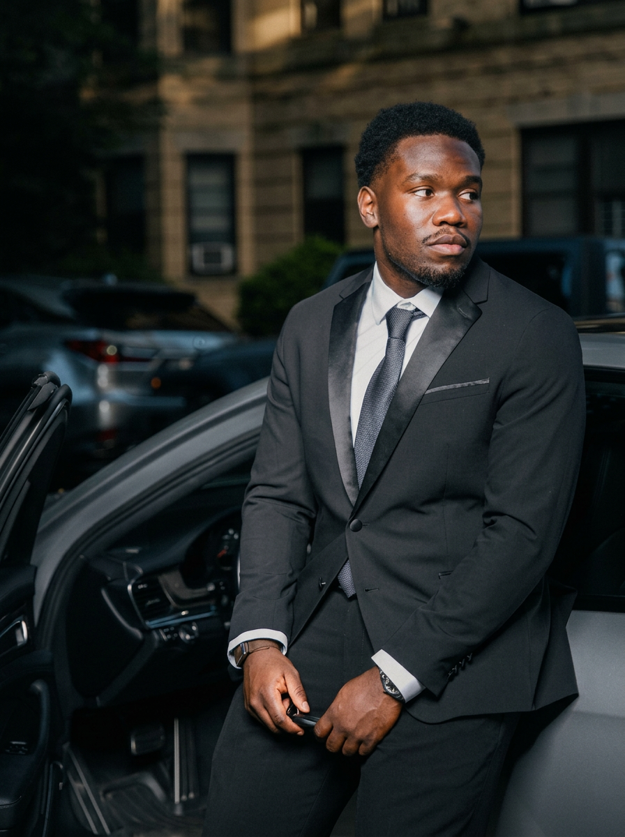 Darnell Jackson in a black tuxedo beside a car at dusk